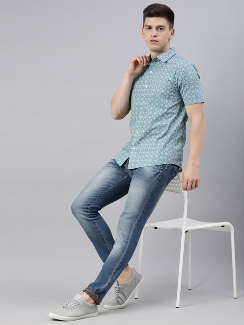 Blue Printed Short Sleeves Shirt