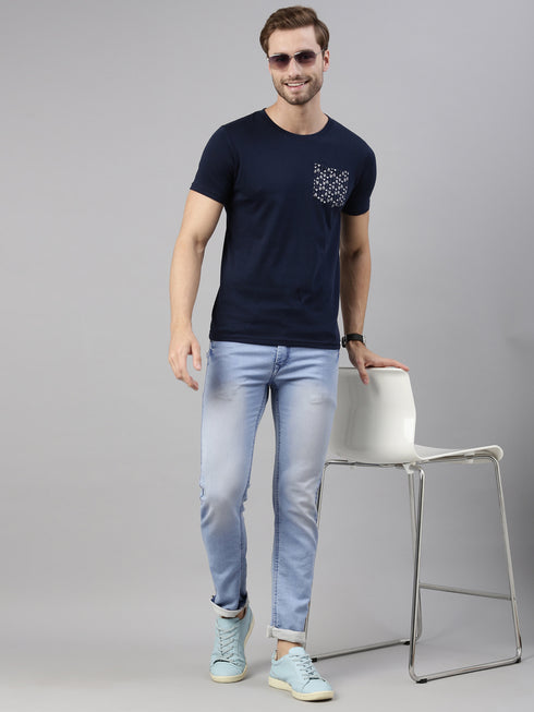 Navy Blue Printed Crew Neck Tshirt