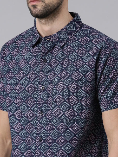 Joven Mens Slim Fit Printed Casual Shirt in Navy Blue