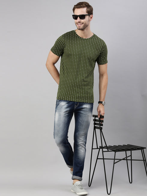 Olive Green Printed Crew Neck Tshirt