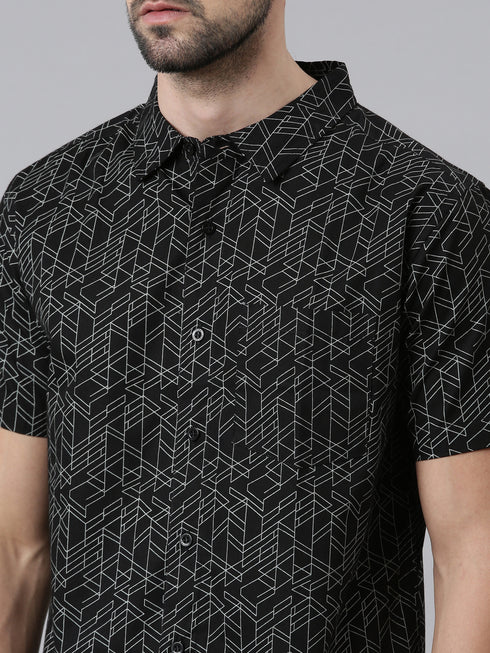 Joven Mens Slim Fit Printed Casual Shirt in Black Color