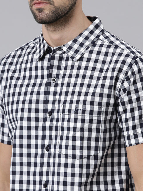 Navy Blue Checks Short Sleeves Shirt