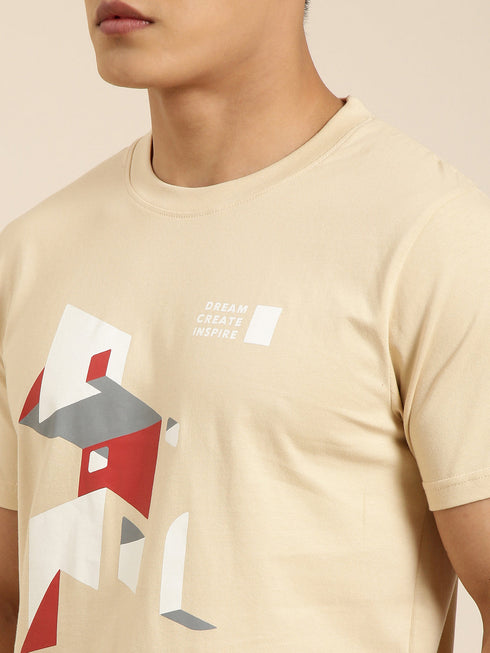 Beige Printed Crew Neck T-shirt