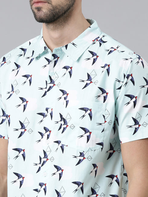Joven Mens Slim Fit Printed Casual Shirt in Sky Blue Color