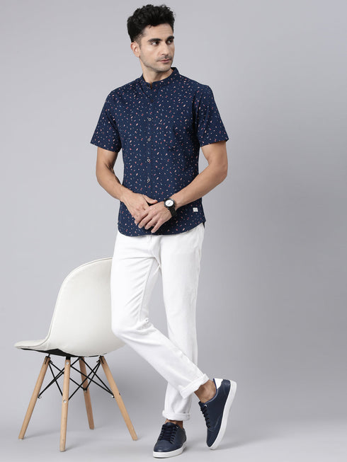 Navy Blue Printed Short Sleeves Shirt