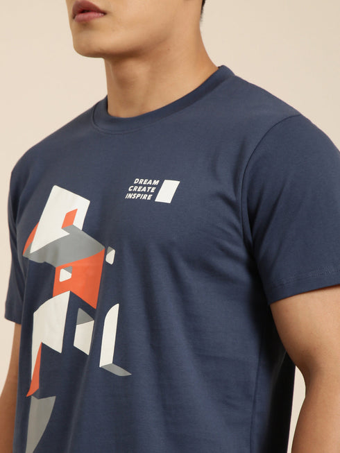 Navy Blue Printed Crew Neck Tshirt