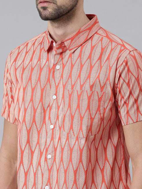 Joven Mens Slim Fit Printed Casual Shirt in Rust Orange