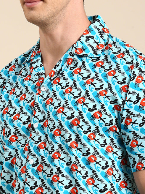 Blue Printed Short Sleeves Shirt