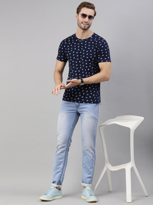 Navy Blue Printed Crew Neck Tshirt