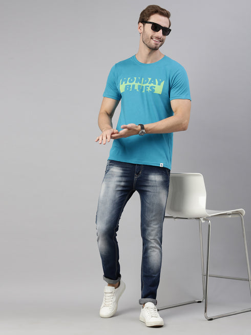 Blue Printed Crew Neck Tshirt