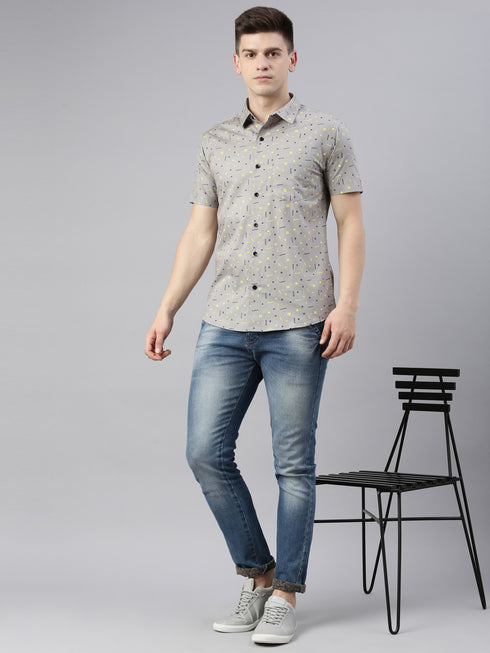 Grey Printed Short Sleeves Shirt