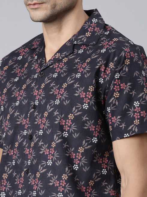 Navy Blue Printed Short Sleeves Shirt