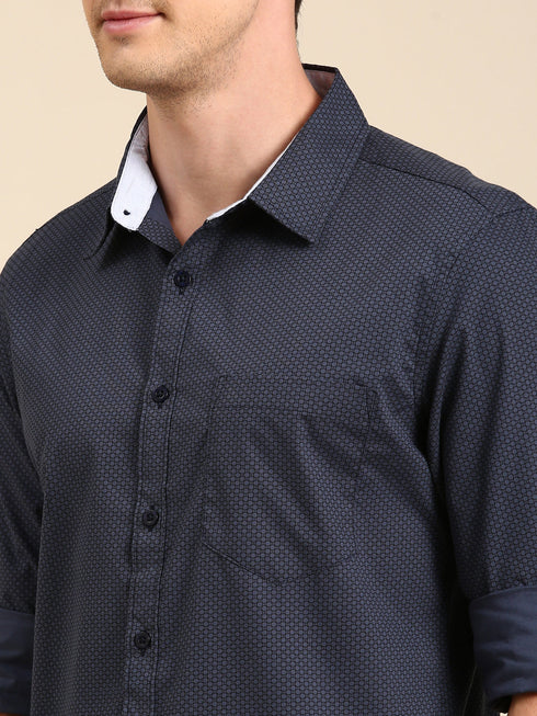 Navy Blue Printed Full Sleeves Shirt