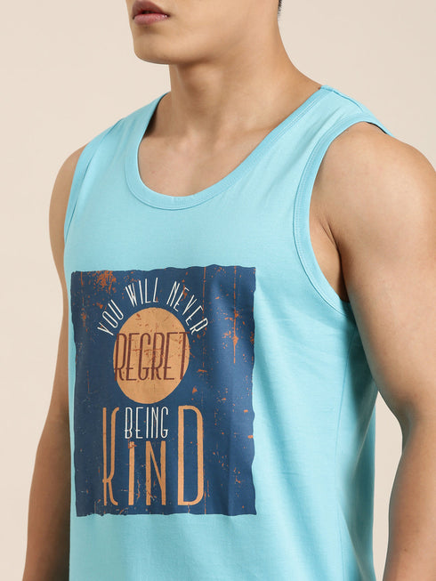 Sky Blue Printed Crew Neck Tank Top