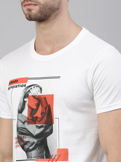 White Printed Crew Neck Tshirt