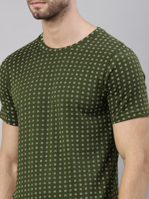 Olive Green Printed Crew Neck Tshirt