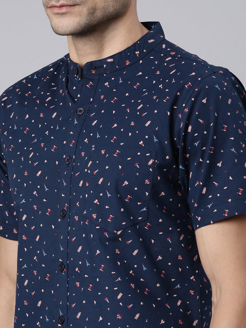 Navy Blue Printed Short Sleeves Shirt