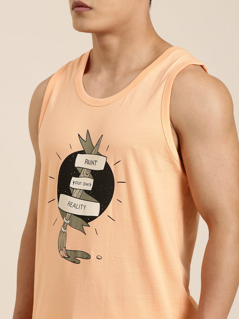 Orange Printed Crew Neck Tank Top