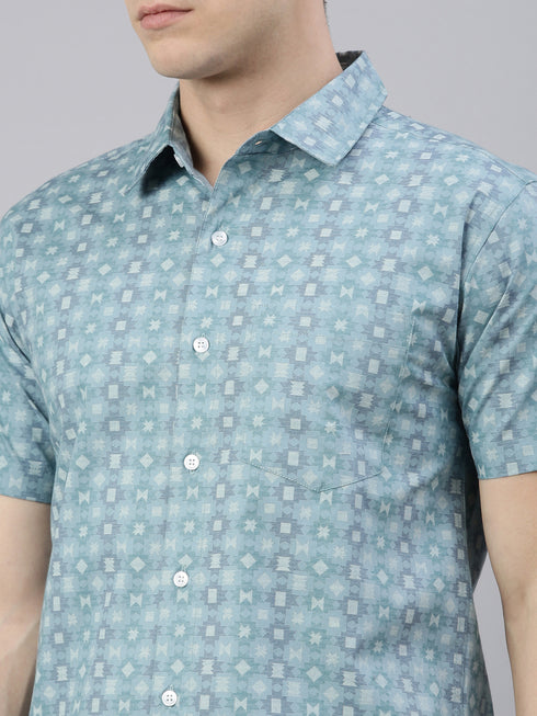 Blue Printed Short Sleeves Shirt