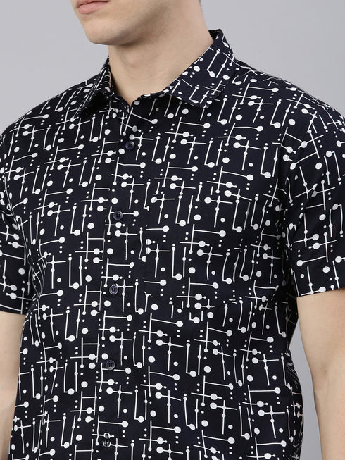 Navy Blue Printed Short Sleeves Shirt