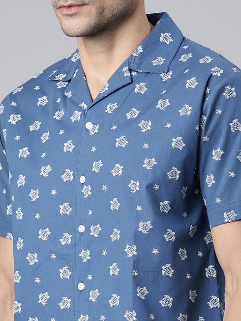 Blue Printed Short Sleeves Shirt
