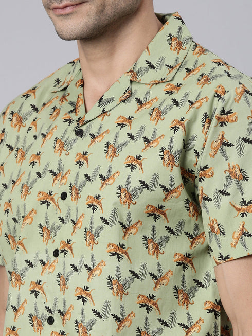 Green Printed Short Sleeves Shirt