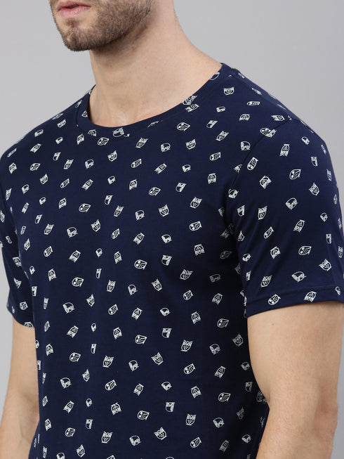Navy Blue Printed Crew Neck Tshirt