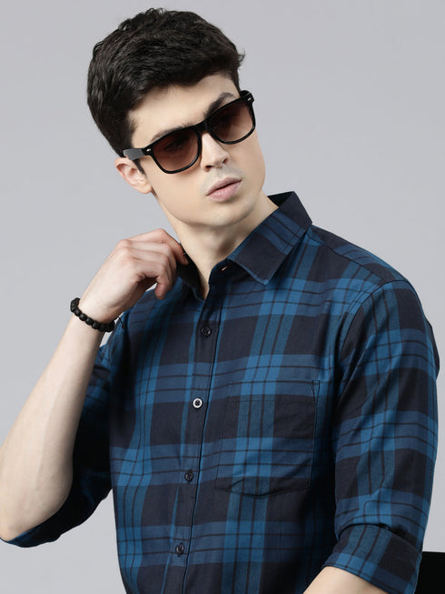 Navy Blue Checks Full Sleeves Shirt