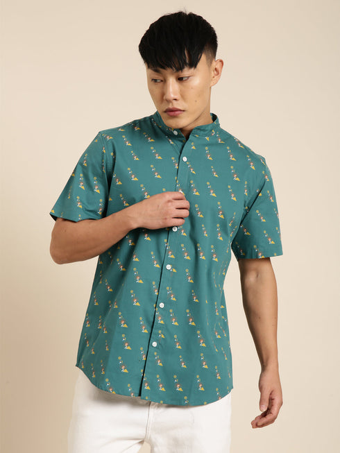 Green Printed Short Sleeves Shirt