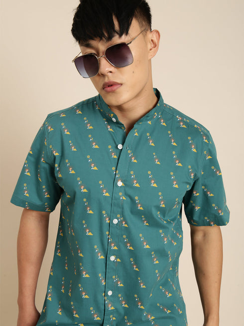 Green Printed Short Sleeves Shirt