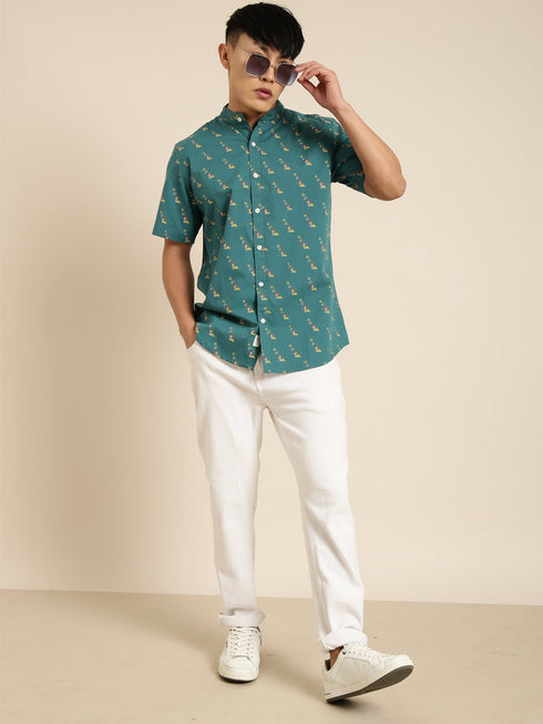 Green Printed Short Sleeves Shirt