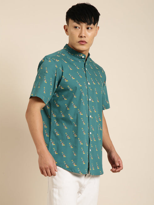 Green Printed Short Sleeves Shirt