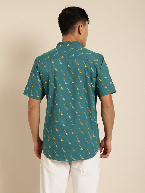 Green Printed Short Sleeves Shirt