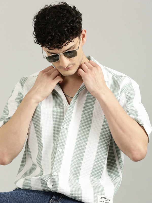 White&Green Striped Short Sleeved Oversized Shirt