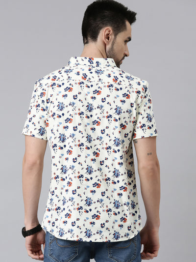 Joven Mens Slim Fit Printed Casual Shirt in Ivory Color