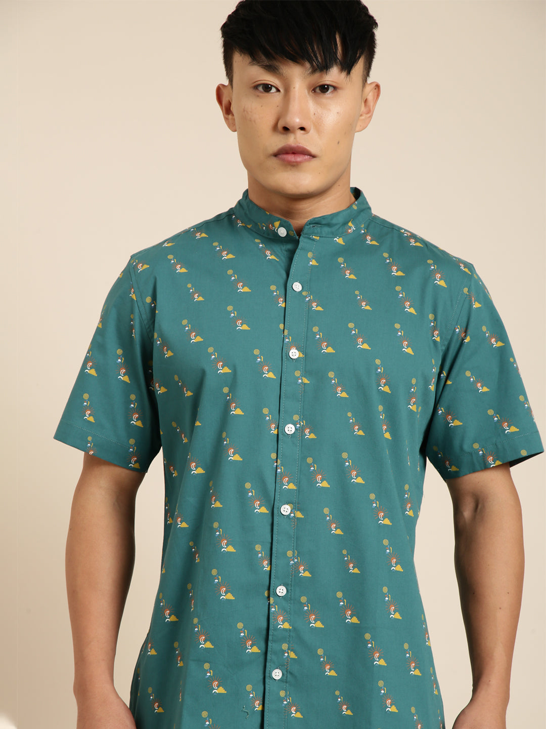JOVEN Men Dark Green Printed Chinese Collar Casual Shirt