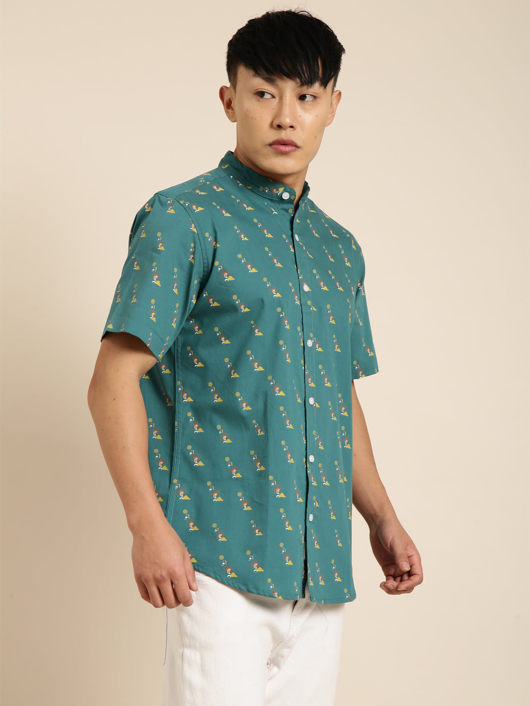 JOVEN Men Dark Green Printed Chinese Collar Casual Shirt